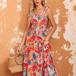 Multicolor Vibrant Tropical Print Smocked Ruffle Tiered Maxi Dress
